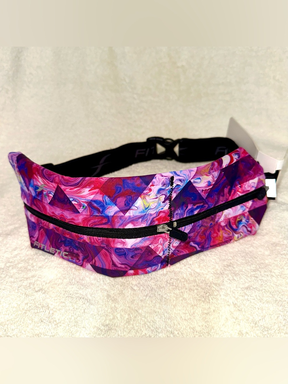 NWT Fitletic Bolt Double Pouch Running Belt Pink Tri Print Phone Waist Pack